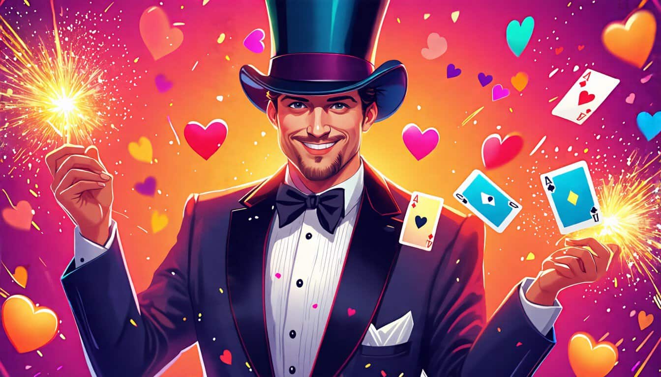 Create an engaging and whimsical illustration featuring a charming magician dressed in a classic tuxedo and top hat, performing magic tricks with colorful