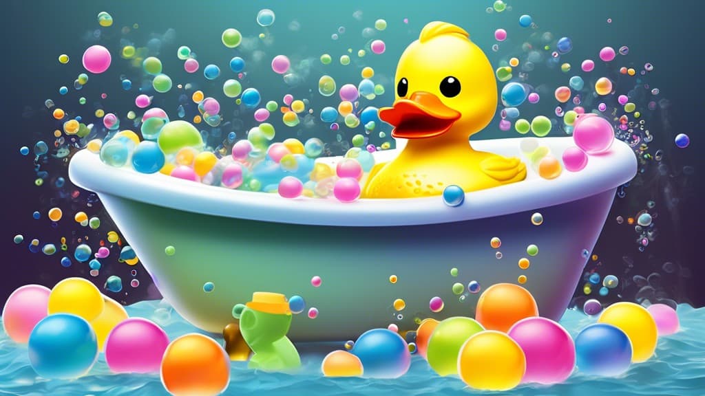 Create a light-hearted and playful cartoon scene of a bathtub filled with colorful bubbles, featuring a cheerful rubber ducky wearing sunglasses, surrounde