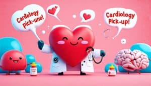 Create an imaginative and whimsical scene featuring a charming, cartoonish heart character wearing a doctor's lab coat and holding a stethoscope. The heart