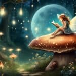 Create an enchanting scene featuring a whimsical fairy sitting on a mushroom in a moonlit forest, surrounded by sparkling fireflies. The fairy is playfully