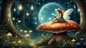 Create an enchanting scene featuring a whimsical fairy sitting on a mushroom in a moonlit forest, surrounded by sparkling fireflies. The fairy is playfully