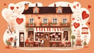 Create an illustration that captures a whimsical and romantic scene in a charming German café. Include a young couple engaging in playful banter while surr