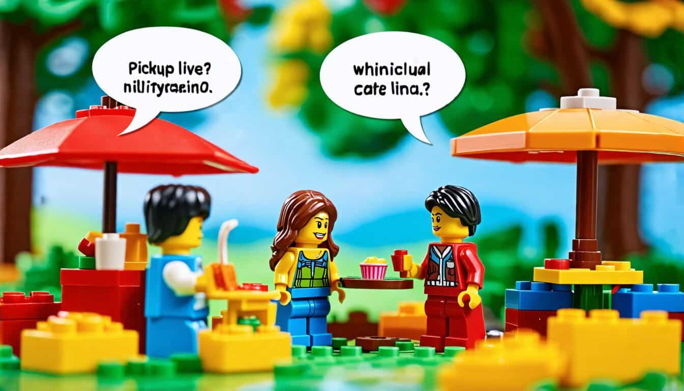 Create a whimsical scene featuring LEGO characters using playful pickup lines, with colorful bricks in various shapes. Include a romantic setting, like a p