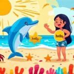 Create an illustration of a whimsical beach scene where playful cartoon sea creatures are interacting with beachgoers. Include a cheerful dolphin deliverin