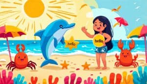 Create an illustration of a whimsical beach scene where playful cartoon sea creatures are interacting with beachgoers. Include a cheerful dolphin deliverin