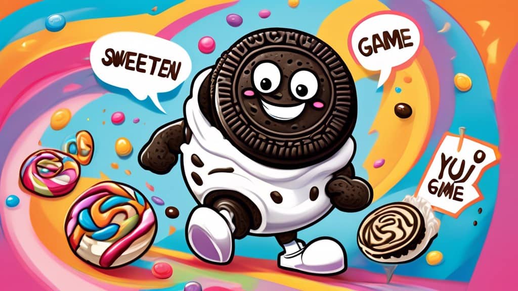 Create a whimsical and colorful illustration of a cartoon Oreo cookie character holding a sign that says Sweeten Your Game! surrounded by playful, exaggera