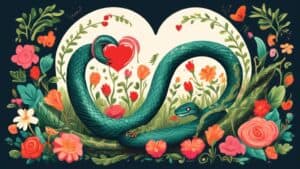 Create an enchanting illustration of a charismatic snake coiling around a heart, with playful and clever pick-up lines written in whimsical fonts. The scen