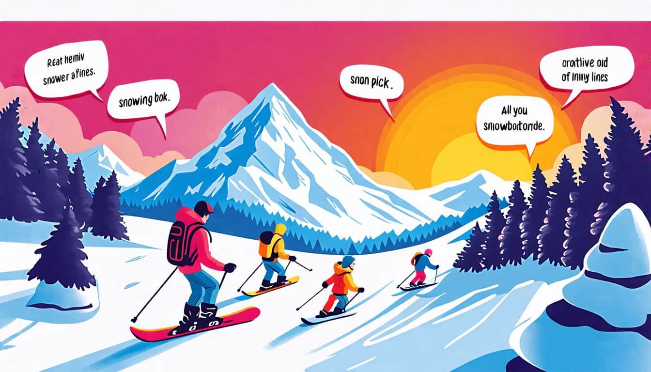 Create an illustration of a snowy mountain landscape with a group of friends snowboarding, featuring playful cartoon speech bubbles with creative and funny