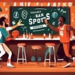 Create a playful and vibrant illustration featuring a sports-themed bar scene where two people are laughing and using humorous pick-up lines related to spo