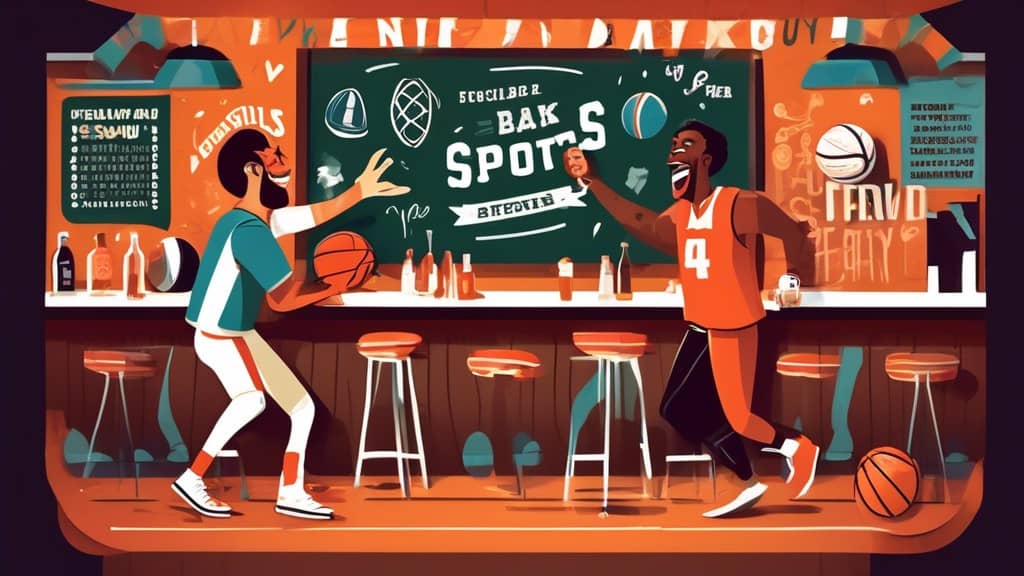 Create a playful and vibrant illustration featuring a sports-themed bar scene where two people are laughing and using humorous pick-up lines related to spo