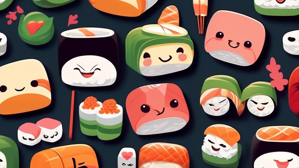 Illustrate a whimsical sushi-themed restaurant setting, featuring colorful sushi rolls with cute faces, playful pick-up lines displayed on decorative chalk