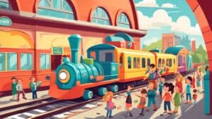 Create a whimsical illustration of a train station where a charming cartoon train is playfully interacting with a group of colorful passengers. The scene s