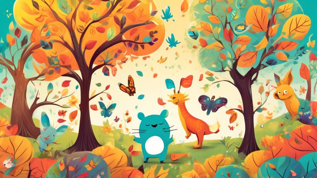 Create a whimsical illustration featuring a playful tree character with a smiling face, surrounded by colorful leaves and quirky animals, sharing funny pic